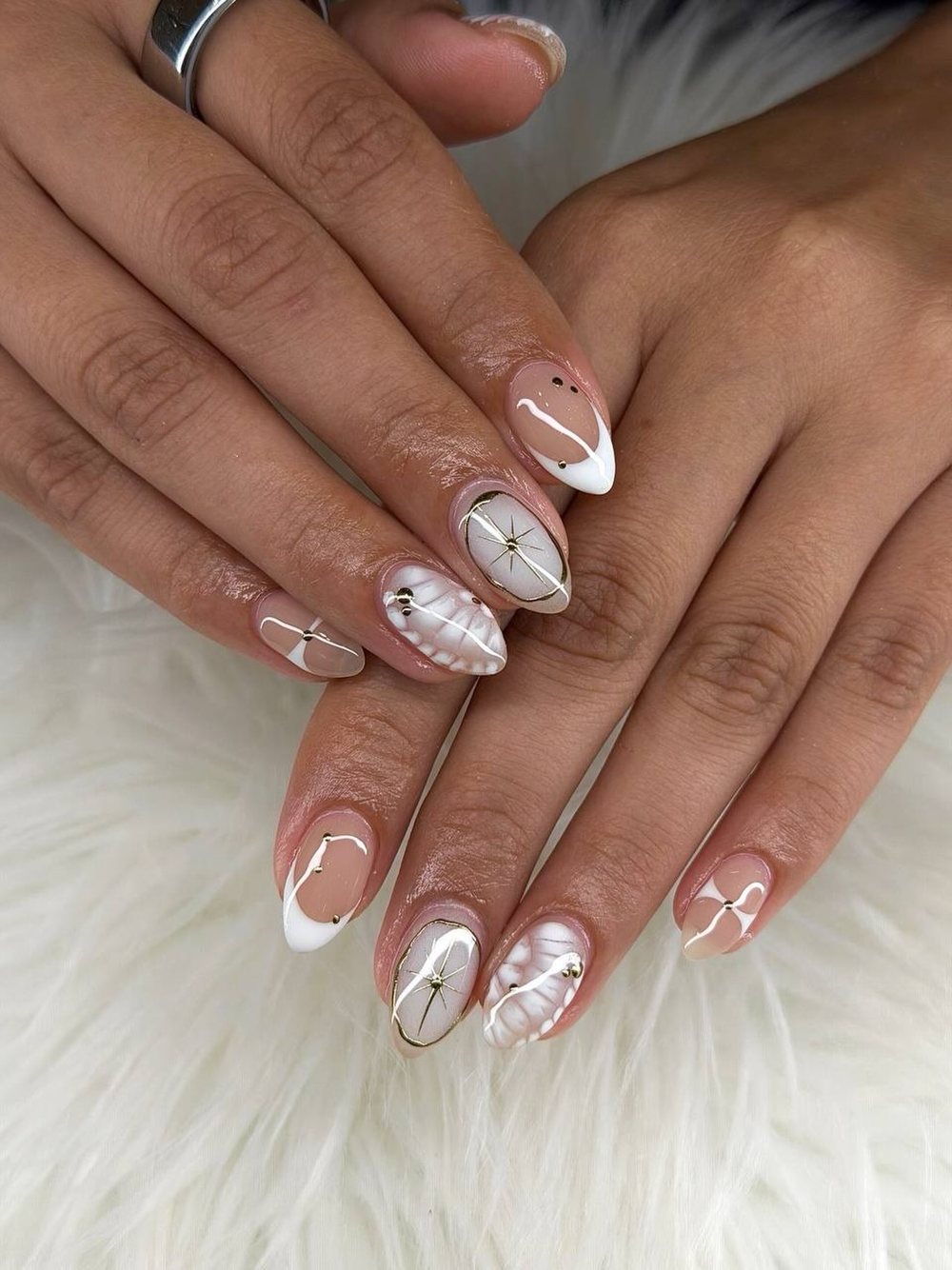 White and silver chrome almond nails