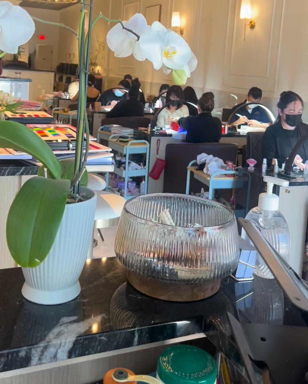 Inside NailVibe Cool Springs — elegant nail studio with gold chandeliers in Cool Springs, Franklin, TN